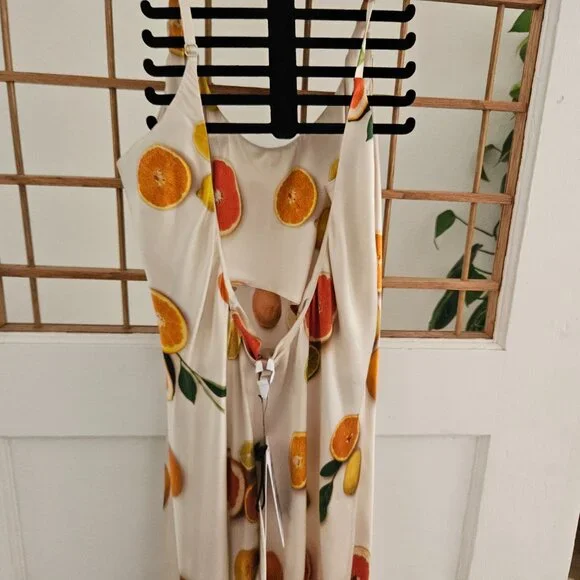Lunya Washable Silk Bias Slip Dress in Main Squeeze Orange Print Medium